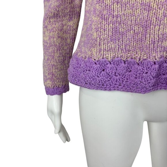 Vintage 60s Crochet Sweater Womens Medium Purple Cream Handmade Pullover - Picture 5 of 9